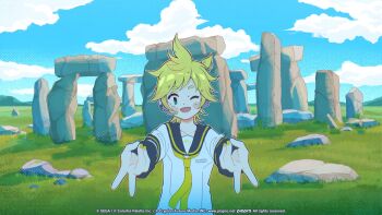  1boy ;d bass_clef ben-day_dots black_sailor_collar blonde_hair blue_sky blush_stickers breast_pocket cloud cloudy_sky collarbone commentary commentary_request copyright_notice day dot_nose double_gyaru_v english_commentary grass green_eyes guest_art gyaru_v headset highres kagamine_len long_sleeves looking_at_viewer male_focus microphone nail_polish neckerchief nemupan official_art one_eye_closed open_mouth outdoors outline pocket ponytail project_sekai rock sailor_collar screentones second-party_source shirt short_eyebrows short_hair short_ponytail sidelocks sky smile solo spiked_hair stonehenge swept_bangs upper_body v vocaloid white_outline white_shirt yellow_nails yellow_neckerchief 