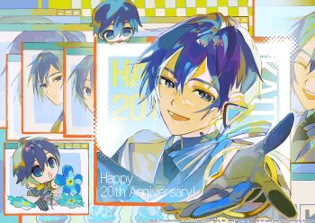  1boy :d black_gloves black_shirt black_shoes blue_eyes blue_flower blue_hair blue_pants chibi coat commentary_request company_name copyright_notice dual_persona epaulettes flower gloves grey_coat hair_between_eyes happy_anniversary headset highres holding holding_flower kaito_(vocaloid) kimi_to_sekai_no_hajimari_de_(project_sekai) korean_commentary looking_at_viewer male_focus official_alternate_costume official_art open_mouth outstretched_arm pants project_sekai second-party_source senzzang shirt shoes smile striped_clothes striped_pants tongue triangle vocaloid watermark web_address window_(computing) wonderlands_x_showtime_kaito 