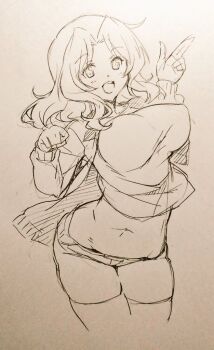  1girl bikini_bridge blush breasts commentary_request cropped_legs finger_gun girls_und_panzer groin ikeda_sakura kay_(girls_und_panzer) large_breasts long_hair long_sleeves looking_at_viewer monochrome navel open_mouth shirt short_shorts shorts sketch smile solo tank_top teeth thighhighs upper_teeth_only 