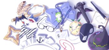  a-chan_(hololive) absurdres amane_kanata anchor anchor_ornament apple bat_hair_ornament black-framed_eyewear black_bow black_mask blue_bow bow branch ceres_fauna character_name character_signature charm_(object) commentary diagonal-striped_bow english_commentary eye_mask feathers food four-pointed_star frog fruit gawr_gura ginfutsuu glasses golden_apple hair_ornament hair_tie harusaki_nodoka hat highres hiodoshi_ao hololive hololive_dev_is hololive_english id_card kiryu_coco lanyard leaf limiter_(tsukumo_sana) magnifying_glass maid_headdress mano_aloe mask microphone minato_aqua murasaki_shion nanashi_mumei nib_pen_(object) no_humans object_focus pen rectangular_eyewear sakamata_chloe shadow shark_hair_ornament star_(symbol) star_hair_ornament still_life striped_bow trait_connection triangle tsukumo_sana two-tone_bow unworn_bow unworn_eyewear unworn_hair_ornament unworn_hat unworn_headwear unworn_lanyard unworn_mask variant_set virtual_graduation_commemoration virtual_youtuber watson_amelia white_background white_bow witch_hat yozora_mel 