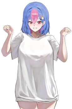 1girl absurdres bing_hayu blue_hair breasts clock_hair_ornament colored_inner_hair commentary cowboy_shot diamond_earrings double-parted_bangs earrings gigabani grin hair_between_eyes hands_up highres jewelry long_bangs long_shirt looking_at_viewer luvdia medium_hair meme multicolored_hair no_pants oversized_clothes oversized_shirt pajamas_challenge_(meme) pink_eyes shirt short_sleeves simple_background smile solo standing untranslatable_commentary t-shirt two-tone_hair variant_set virtual_youtuber white_background white_shirt