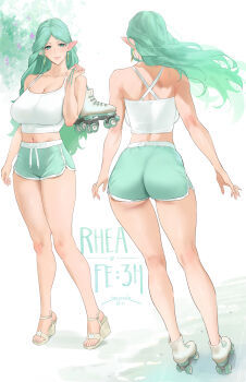  1girl 2025 absurdres artist_name ass back bare_shoulders blush breasts camisole character_name cleavage collarbone dated dolphin_shorts female_focus fire_emblem fire_emblem:_three_houses full_body green_eyes green_hair green_shorts highres large_breasts long_hair looking_at_viewer matching_hair/eyes multiple_views navel nintendo parted_bangs pointy_ears rhea_(fire_emblem) roller_skates sandals sendo_(sendrawz) short_shorts shorts skates toeless_footwear white_camisole  rating:Sensitive score:49 user:danbooru