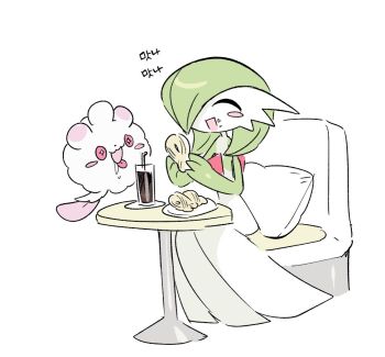  2others closed_eyes colored_skin commentary_request dress eating food food_on_face gardevoir gen_3_pokemon gen_6_pokemon green_skin hair_over_one_eye holding holding_food korean_commentary multicolored_skin multiple_others nintendo open_mouth pillow pink_eyes pokemon pokemon_(creature) simple_background sitting smile sok_(mr14_c) swirlix table two-tone_skin white_background white_dress white_skin 