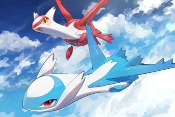  absurdres blue_sky claws cloud day dragon flying full_body gen_3_pokemon highres latias latios legendary_pokemon nintendo no_humans nullma open_mouth outdoors pokemon pokemon_(creature) pokemon_focus red_eyes sky smile yellow_eyes 