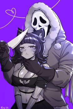  1boy 1girl animal_ear_fluff animal_ears black_hair blush breasts bridge_piercing cat_ears choke_hold christmas crop_top face_piercing fishnet_gloves fishnet_top fishnets flustered ghostface gloves hat keyhole kitchen_knife knife mask menacing monochrome multicolored_hair nicoenvt open_mouth piercing purple_background rina_megakuma santa_costume santa_hat scream_(movie) short_hair short_shirt shy skirt stomach straight_bangs straight_hair strangling wavy_hair 