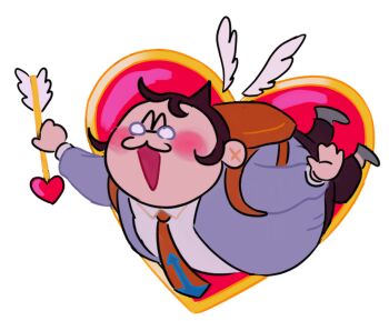  1boy :3 ^_^ arrow_(projectile) arrow_print blush brown_hair brown_pants chibi chibi_only closed_eyes collared_shirt commentary danganronpa:_trigger_happy_havoc danganronpa_(series) detached_wings english_commentary fat fat_man full_body glasses grey_jacket grey_shoes heart heart_arrow highres holding holding_arrow jacket male_focus necktie open_clothes open_jacket open_mouth orange_necktie pants round_eyewear shirt shoes short_hair smile solo transparent_background white_shirt wings wolfmanritch yamada_hifumi 