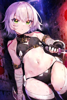  bandaged_arm bandages blood fate/apocrypha fate_(series) flat_chest green_eyes hanagata_kai jack_the_ripper_(fate/apocrypha) knife loli looking_at_viewer navel scar scar_on_face stitched_face stitches thighhighs thong underwear 