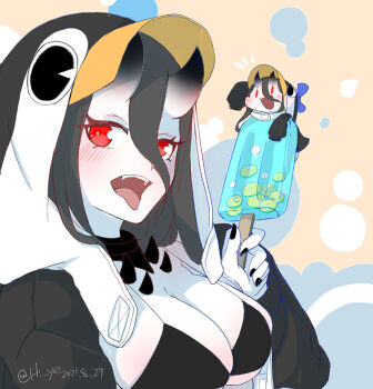  2girls abyssal_ship animal_costume animal_hood battleship_summer_princess bikini black_bikini black_hair black_nails blue_bow bow colored_skin cosplay fate/grand_order fate_(series) food hair_between_eyes hi_ye holding holding_food hood hood_up horns kantai_collection long_hair long_sleeves meltryllis meltryllis_(fate) meltryllis_(swimsuit_lancer)_(fate) meltryllis_(swimsuit_lancer)_(fate)_(cosplay) meltryllis_(swimsuit_lancer)_(first_ascension)_(fate) multiple_girls nail_polish penguin_costume penguin_hood popsicle red_eyes skin-covered_horns swimsuit upper_body white_skin 