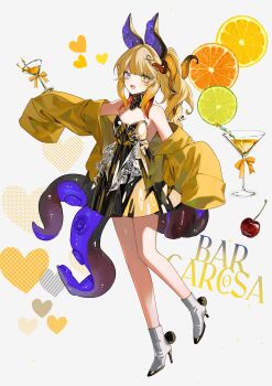  1girl absurdres blonde_hair blue_eyes cherry cocktail_glass commentary_request commission cup daimaou_ruaeru dress drinking_glass food fruit full_body green_eyes heterochromia highres lemon lemon_slice lime_(fruit) lime_slice long_hair orange_(fruit) orange_slice original skeb_commission solo strapless strapless_dress tentacles white_background wide_sleeves 