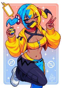  1girl absurdres artist_name aseprite_(medium) black_mask blonde_hair blue_hair breasts canari_(pokemon) cleavage collarbone commentary dark-skinned_female dark_skin english_commentary gradient_background highres holding holding_poke_ball jacket large_breasts long_sleeves looking_at_viewer mask midriff mouth_mask multicolored_hair navel nintendo one_eye_closed open_clothes open_jacket pants pixel_art poke_ball pokemon pokemon_legends:_z-a purple_eyes quick_ball solo twintails two-tone_hair two-tone_mask two-tone_pants yellow_jacket yellow_mask yumykon 