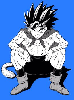  abs blue_background boots bracelet cape commentary_request dragon_ball dragon_ball_legends full_body goggles goggles_on_head greyscale_with_colored_background grin highres jewelry lee_(dragon_garou) monkey_tail official_style shallot_(dragon_ball) shorts smile spiked_hair squatting tail toned toned_male topless_male toriyama_akira_(style) 