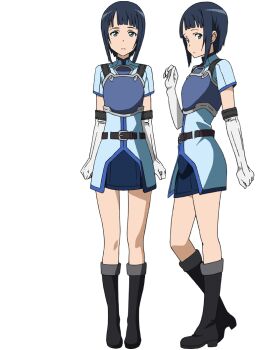  2girls adachi_shingo anime_coloring armor belt black_boots black_hair blue_armor blue_eyes blue_jacket blue_sky blunt_bangs boots breastplate breasts brown_belt clenched_hands closed_mouth collared_jacket elbow_gloves from_side full_body gloves hand_up jacket looking_at_viewer multiple_girls multiple_views official_art open_mouth parted_lips pencil_skirt profile sachi_(sao) short_hair short_sleeves sidelocks simple_background skirt sky standing sword_art_online tareme transparent_background white_gloves 