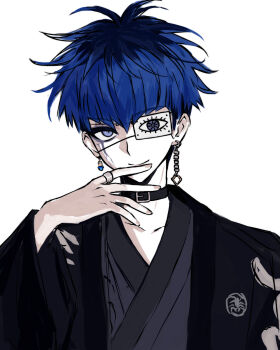  1boy belt_collar black_collar black_hair black_haori blue_eyes blue_hair bridge_piercing closed_mouth collar earrings eyepatch face_piercing facepaint grey_kimono hand_on_own_chin haori highres iro_(kakerairo) japanese_clothes jewelry kimono long_sleeves looking_at_viewer male_focus mismatched_earrings multicolored_hair omokage_yugamu pale_skin piercing print_eyepatch ring roots_(hair) sanpaku short_hair simple_background smile solo the_hundred_line_-last_defense_academy- tsurime two-tone_hair upper_body white_background wide_sleeves 
