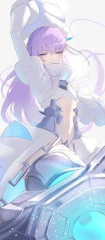  1girl armored_boots arms_up blue_eyes blue_ribbon blush boots breasts commentary_request cropped_jacket crotch_plate fate/grand_order fate_(series) hair_ribbon highres jacket long_hair long_sleeves looking_at_viewer meltryllis_(fate) meltryllis_(third_ascension)_(fate) navel prosthesis prosthetic_leg purple_hair ribbon sleeves_past_fingers sleeves_past_wrists small_breasts smile solo umi_endu very_long_hair white_jacket 
