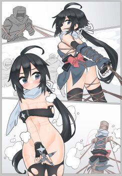 1girl ahoge arms_behind_back asymmetrical_gloves bdsm black_hair bondage bound breasts captured crotch_rope elbow_gloves fingerless_gloves gloves grey_eyes highres log long_hair low_ponytail navel ninja original panties ponytail rioreori rope rope_marks scarf shuriken small_breasts substitution_technique thighhighs torn_clothes torn_legwear underwear weapon white_panties  rating:Questionable score:50 user:danbooru