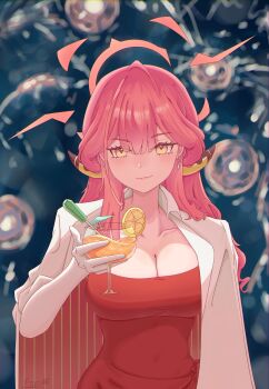  1girl absurdres aru_(blue_archive) aru_(dress)_(blue_archive) blue_archive blurry blurry_background breasts chinese_commentary cleavage coat coat_on_shoulders commentary_request cup cupping_glass demon_horns dress drink drinking_glass earrings halo highres horns jewelry large_breasts long_hair looking_at_viewer low_horns movie_reference orange_eyes orange_halo pink_hair poro_dana red_dress scene_reference solo straight-on the_great_gatsby toasting_(gesture) upper_body white_coat 