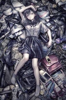 1girl absurdres arm_up backpack bag black_hair blue_skirt bow bowtie breast_pocket buttons cable cd cellphone closed_mouth clothes_hanger cosmetics cup earbuds earphones flower flute full_body game_console game_controller grey_socks handbag handheld_game_console headphones highres instrument lying makeup_palette nintendo_3ds original pen phone plaid_bow plaid_bowtie plaid_clothes plaid_skirt pocket racket randoseru recorder shirafu_(shirafu42) shirt shirt_tucked_in shoes skirt smartphone sneakers socks solo stuffed_animal stuffed_toy teddy_bear tennis_racket toothbrush unworn_shirt unworn_shoes wii_u wii_u_gamepad