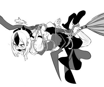  1girl arms_behind_back ball_gag bdsm blue_archive bondage bound bound_arms bound_legs broom broom_riding commentary dress drooling english_commentary eudetenis gag gagged greyscale halo highres horns kayoko_(blue_archive) long_hair looking_down monochrome restrained shibari shibari_over_clothes solo suspension 