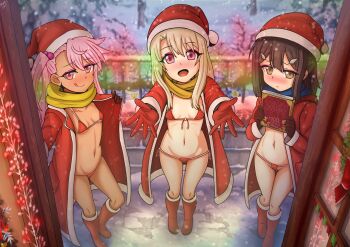  3girls absurdres bikini black_hair blush book boots breasts brown_eyes chloe_von_einzbern christmas coat dark-skinned_female dark_skin fate/kaleid_liner_prisma_illya fate_(series) gloves hair_bobbles hair_ornament hairclip hat highres huge_filesize illyasviel_von_einzbern kaschmatz knee_boots licking_lips loli long_hair long_sleeves looking_at_viewer miyu_edelfelt multiple_girls navel one_side_up open_clothes orange_eyes outstretched_arms pink_hair red_bikini red_boots red_coat red_eyes red_gloves red_hat santa_hat scarf sidelocks small_breasts smile snow swimsuit tongue tongue_out white_hair yellow_scarf 
