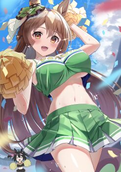  2girls absurdres alternate_costume animal_ears black_hair blue_sky blurry blush braid breasts brown_eyes brown_hair cheerleader closed_eyes commentary_request confetti crop_top crop_top_overhang day depth_of_field ear_ornament green_shirt green_skirt hair_between_eyes half_up_braid highres holding holding_pom_poms horse_ears horse_girl horse_tail kitasan_black_(umamusume) large_breasts long_hair looking_at_viewer miniskirt multicolored_hair multiple_girls navel open_mouth pleated_skirt pom_pom_(cheerleading) pom_poms satono_diamond_(umamusume) shirt short_hair skirt sky sleeveless sleeveless_shirt smile solo_focus streaked_hair sweat tail teeth thighs two_side_up umamusume underboob upper_teeth_only wanderlucia white_streaks 