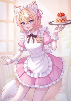  1girl animal_ear_fluff animal_ears apron back_bow black_ribbon blonde_hair blue_eyes bow collared_dress commentary_request crossed_bangs dog_ears dog_girl dog_tail dress fang fingernails frilled_apron frilled_cuffs frilled_skirt frills hair_between_eyes hair_intakes hair_ribbon hand_up highres holding holding_tray hololive hololive_english indoors looking_at_viewer maid_apron maid_headdress mococo_abyssgard multicolored_hair name_tag neck_ribbon open_mouth pink_dress pink_ribbon pink_streaks pink_wrist_cuffs puffy_short_sleeves puffy_sleeves ribbon sakuraume short_hair short_sleeves skin_fang skirt smile solo standing standing_on_one_leg streaked_hair tail tray two_side_up white_bow white_headdress wrist_cuffs 