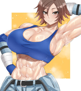  1girl abs arm_up armpits bare_shoulders biceps blue_sports_bra breasts brown_eyes brown_hair cleavage collarbone commentary_request elbow_pads fingerless_gloves flipped_hair gloves hand_guard highres kazama_asuka koucha_indian large_breasts looking_at_viewer muscular muscular_female navel ring_light_reflection short_hair smile solo sports_bra tekken tekken_5 tomboy 