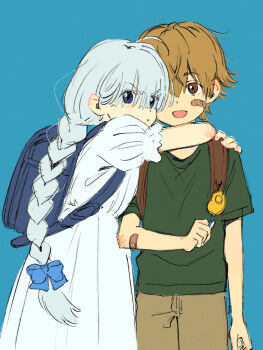  1boy 1girl absurdres backpack bag bandaid bandaid_on_arm bandaid_on_cheek bandaid_on_face blue_eyes braid brown_eyes brown_hair bruise commentary_request crime_prevention_buzzer dress grey_hair highres hug injury long_hair looking_at_viewer open_mouth original pout randoseru shinomiya_nanase shirt sketch smile t-shirt 