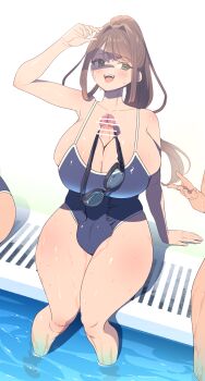  1girl arm_support armpit_peek autopaizuri autopaizuri_under_clothes bar_censor bare_shoulders between_breasts blue_one-piece_swimsuit breasts brown_hair bulge bursting_breasts censored collarbone commentary_request covered_penis covered_testicles futanari goggles green_eyes hair_intakes highres huge_breasts huge_penis long_hair masturbation one-piece_swimsuit open_mouth original outdoors paizuri penis pointless_censoring pool precum sitting skin_tight solo_focus sunlight sweat swimsuit testicles thighs unworn_goggles wet yana_(nekoarashi) 