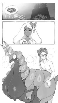  1boy 2girls ? adjusting_eyewear blush breasts closed_mouth collared_shirt completely_nude corbeau_(pokemon) dark-skinned_female dark_skin english_text expressionless furry furry_female gen_5_pokemon glasses grabbing_another's_ass greyscale groping hair_ornament hairclip highres indoors interspecies jacinthe_(pokemon) large_breasts long_hair looking_at_another monochrome multiple_girls nintendo nude pokemon pokemon_legends:_z-a pokephilia round_eyewear saltyxodiumcity scolipede sex shirt short_hair simple_background smile speech_bubble standing standing_sex steaming_body surprised sweatdrop very_long_hair what white_background 