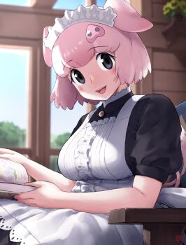  1girl :d alternate_costume animal_ears apron black_dress blush book breasts center_frills chair collar commentary_request day dress enmaided frilled_apron frilled_collar frills grey_eyes high_collar highres indoors ito_yoki kemono_friends kemono_friends_3 looking_at_viewer maid maid_apron maid_headdress official_alternate_costume open_mouth pig_(kemono_friends) pig_ears pig_girl pig_nose pig_tail pink_hair puffy_short_sleeves puffy_sleeves reading short_hair short_sleeves sidelocks sitting smile solo tail white_apron window 