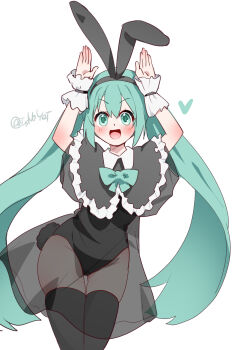  1girl alternate_costume animal_ears aqua_eyes aqua_hair blush caramelldansen dress fake_animal_ears fake_tail hatsune_miku highres kouki_kuu long_hair open_mouth panties_visible_through_clothes ribbon smile tail thighhighs twintails very_long_hair vocaloid white_background wrist_cuffs 