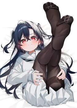  1girl absurdres ass bed_sheet black_hair blush brown_pantyhose closed_mouth commentary hair_between_eyes highres long_hair long_sleeves looking_at_viewer lying meito_(maze) no_shoes on_back original panties panties_under_pantyhose pantyhose pleated_skirt puffy_long_sleeves puffy_sleeves red_eyes sailor_collar school_uniform see-through_clothes serafuku shirt skirt sleeves_past_wrists soles solo thighband_pantyhose two_side_up underwear untranslatable_commentary very_long_hair white_panties white_sailor_collar white_serafuku white_shirt white_skirt 