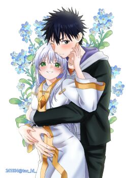  1boy 1girl arms_around_waist black_hair blush dress flower green_eyes grey_eyes hood hoodie hug hug_from_behind index_(toaru_majutsu_no_index) kamijou_touma long_hair long_sleeves nun one_eye_closed spiked_hair tac_hi teeth toaru_majutsu_no_index white_background 