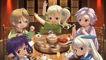  5girls blonde_hair blue_eyes blush bomb_(final_fantasy) braid brown_hair chopsticks clenched_hand closed_mouth cup final_fantasy final_fantasy_xiv green_eyes green_ribbon green_shirt hair_ribbon heterochromia highres holding holding_chopsticks lalafell long_hair looking_at_another looking_at_viewer looking_back mandragora_(final_fantasy) moogle motion_blur multiple_girls open_mouth paissa plate puff_of_air purple_eyes purple_hair purple_shirt ribbon school_uniform serafuku shelldy shirt short_hair side_ponytail signature sitting smile table warrior_of_light_(ff14) white_hair 