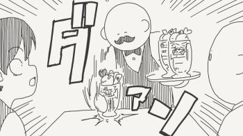  1girl 2boys :o bald booth_seating check_commentary commentary_request facial_hair food holding holding_tray horideiyasumi mob_face monochrome motion_blur motion_lines multiple_boys mustache original parfait restaurant school_uniform shipping_(fandom) tray waiter wide-eyed 