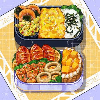  bento bluebluecathy commentary_request dessert food food_focus food_request highres meat no_humans original rice watermark 
