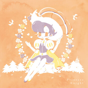  1girl castle closed_eyes copyright_name dress flower full_body hair_between_eyes hat limited_palette manami_(uovoegg) on_tree_stump pantyhose pine_tree princess_sapphire puff_and_slash_sleeves puffy_sleeves ribbon_no_kishi solo tree 