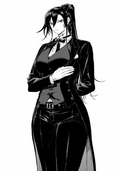  1girl absurdres arm_behind_back arm_under_breasts belt belt_buckle bow bowtie buckle closed_mouth commentary_request cowboy_shot dress_shirt gloves greyscale high_ponytail highres kagura_(kagurai) kagurai_~kagura_and_raito~ long_hair looking_at_viewer mashutarou_(neko_no_oyashiro) monochrome pants ponytail serious shirt simple_background solo standing tailcoat very_long_hair vest waistcoat white_background 
