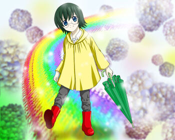  1boy aged_down blue_eyes boots child death_note flower glasses green_hair hydrangea male_focus mikami_teru rainbow rainbow_path raincoat short_hair solo umbrella yayoi_(0211) yellow_raincoat 