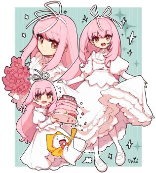  1girl animal aqua_background bib_collar birthday birthday_cake border bouquet bow bowtie brown_eyes buttons cake cat character_name cloak closed_mouth clothed_animal commentary_request confetti cropped_legs cropped_torso dot_nose dress ear_covers eyelashes flower flying_sweatdrops food frilled_dress frilled_sleeves frills full_body gown hair_ribbon happy highres holding holding_bouquet holding_plate hood hood_up hooded_cloak infinity_nikki juliet_sleeves large_ribbon light_blush long_dress long_hair long_sleeves looking_at_viewer mary_janes momo_(nikki) multiple_views naekam nikki_(nikki) nikki_(series) o_o open_mouth outline outside_border pantyhose petticoat pink_flower pink_hair plate puff_of_air puffy_sleeves red_bow red_bowtie ribbon shoes sidelocks signature skirt_hold sleeves_past_wrists smile sparkle standing striped_background surprised traditional_bowtie turtleneck turtleneck_dress vertical-striped_background very_long_hair wavy_hair white_border white_cat white_dress white_outline white_pantyhose white_ribbon white_shoes yellow_cloak 