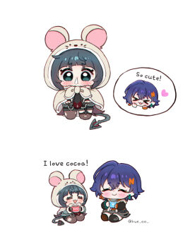  >_< 2girls :3 animal_ears animal_hood belle_(zenless_zone_zero) black_hair blue_eyes blue_hair blush chibi chibi_only cloak closed_eyes closed_mouth commentary crossed_bangs cup earrings english_text full_body grey_jacket hair_ornament heart highres holding holding_cup hood hooded_cloak hue_oo jacket jane_doe_(zenless_zone_zero) jewelry letter_hair_ornament long_tail looking_at_viewer mouse_ears mouse_girl mouse_tail multiple_girls open_mouth pantyhose sharp_tail short_hair simple_background single_leg_pantyhose single_thighhigh sitting smile snot spoken_character steam symbol-only_commentary tail thighhighs torn_clothes torn_pantyhose torn_thighhighs twitter_username white_background zenless_zone_zero 