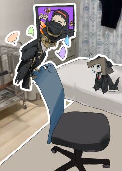  1girl 2boys aeng-du_(project_moon) animalization bamboo-hatted_kim bandaged_arm bandages beak bird black_coat blank_speech_bubble blue_eyes chair closed_eyes coat collared_shirt dog fur-trimmed_coat fur_trim gold_trim hairband hat heart heart_hands highres lapels limbus_company long_hair mechanical_arms mechanical_wings multiple_boys necktie notched_lapels on_bed parrot photo-referenced project_moon red_hairband red_necktie shirt shoggoth_(sirens20211) sitting speech_bubble television the_time_ripper_(project_moon) tongue tongue_out top_hat v-shaped_eyebrows white_shirt white_trim wings 