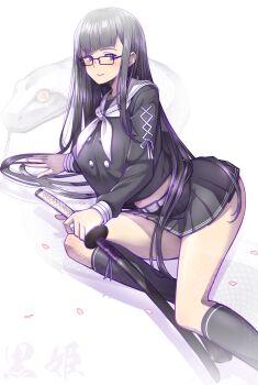 1girl belt black_serafuku black_shirt black_skirt black_socks blush breasts brown_hair commentary_request fate/grand_order fate_(series) glasses grey_eyes highres katana kneehighs kurohime_(fate) kurohime_(second_ascension)_(fate) large_breasts long_hair long_sleeves looking_at_viewer neckerchief sailor_collar scar scar_across_eye scar_on_face school_uniform serafuku shirt sidelocks skirt smile snake socks solo sword taru_neko thighs very_long_hair weapon white_sailor_collar 