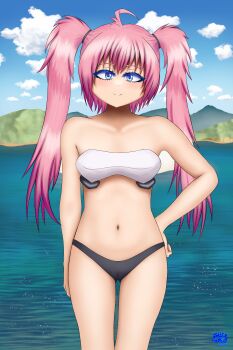 1girl absurdres beach bikini blue_eyes cameltoe collarbone flat_chest hand_on_own_hip highres milim_nava narrow_waist navel petite pink_hair shadeception smile swimsuit tensei_shitara_slime_datta_ken twintails