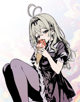  1girl antenna_hair black_capelet black_dress black_ribbon capelet commentary_request dress eating frilled_dress frilled_sleeves frills grey_hair grey_pantyhose grey_shirt hair_intakes hair_ribbon half-closed_eyes highres ice_cream_cone jewelry long_hair looking_at_viewer meitantei_precure! moria_luluka necklace pantyhose partial_commentary precure purple_eyes ribbon shirt short_dress short_sleeves sitting smile solo tongue tongue_out yuugo_(atmosphere) 