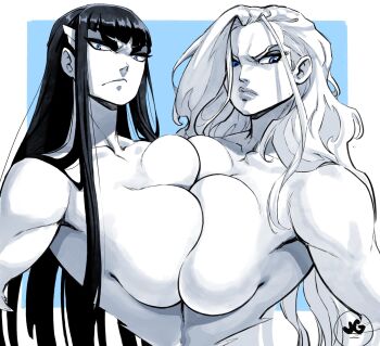  2girls black_hair blue_eyes breasts commentary crossover english_commentary fullmetal_alchemist highres huge_breasts initial jgeorgedrawz kill_la_kill kiryuuin_satsuki long_hair looking_at_viewer multiple_girls olivier_mira_armstrong upper_body white_hair 