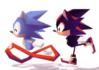  2boys animal_ears animal_nose classic_sonic closed_eyes commentary english_commentary furry furry_male gloves low_poly male_focus multiple_boys official_style red_eyes running shadow_the_hedgehog shoes simple_background sonic_(series) sonic_r sonic_the_hedgehog sonic_the_hedgehog_(classic) waddiwasu white_background white_gloves 