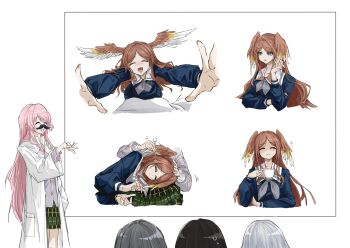  5girls artist_request bang_dream! bang_dream!_it's_mygo!!!!! blue_shirt brown_hair chihaya_anon chinese_commentary commentary_request commission fang green_skirt grey_hair grey_jacket haneoka_school_uniform head_wings highres jacket kaname_raana lab_coat lap_pillow long_hair long_sleeves multiple_girls mygo!!!!!_(bang_dream!) nagasaki_soyo open_mouth pink_hair plaid_clothes plaid_skirt pleated_skirt school_uniform second-party_source shiina_taki shirt skin_fang skirt takamatsu_tomori tsukinomori_school_uniform wings 