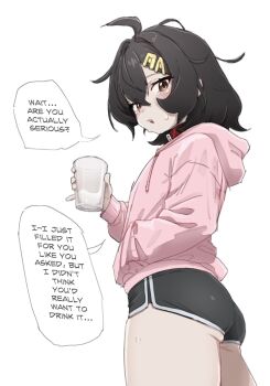  1boy ass black_hair black_shorts brown_eyes commentary cowboy_shot cum cum_in_container cum_in_cup cup drinking_glass english_commentary english_text from_side hair_ornament hairclip highres holding holding_cup hood hood_down hoodie looking_at_viewer looking_to_the_side male_focus original pink_hoodie shintikku shorts simple_background solo speech_bubble trap white_background 