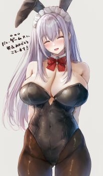  1girl absurdres animal_ears arms_behind_back bare_shoulders black_leotard black_pantyhose blush bow bowtie breasts closed_eyes commentary commentary_request detached_collar fake_animal_ears gluteal_fold grey_background highres large_breasts leotard long_hair maid_headdress open_mouth original pantyhose playboy_bunny rabbit_ears red_bow red_bowtie simple_background smile solo suien translation_request white_hair 